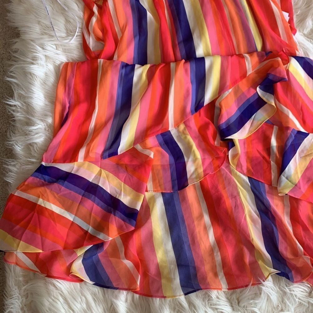 Julia Jordan Rainbow Stripe Surplice Wrap Midi Dress 12 Flounce Hem Sleeveless - Picture 10 of 11